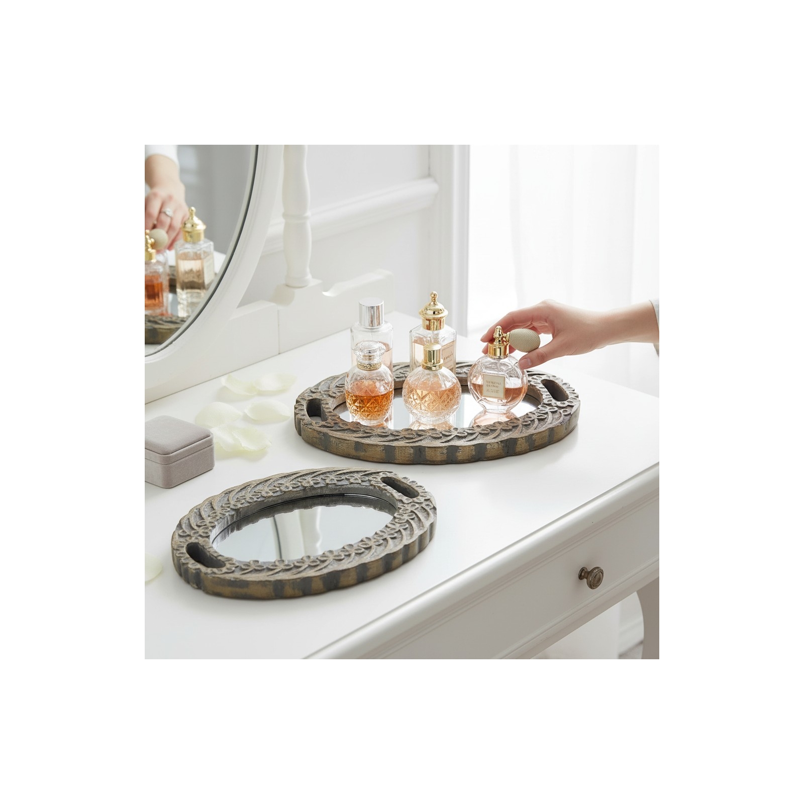 Set of 2 Vanity Mirror Trays - Gray Wash 